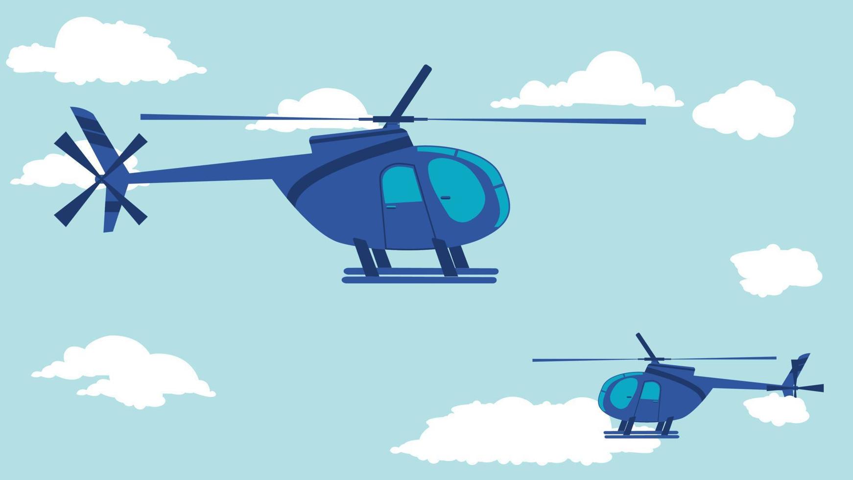 flat cartoon side view of helicopter in the sky vector