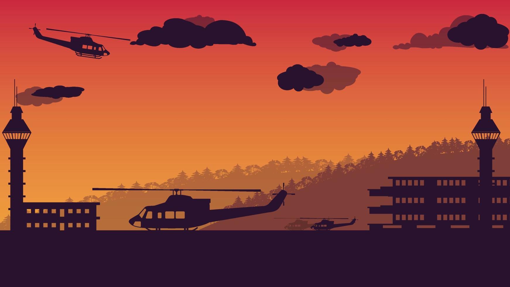 silhouette of utility helicopter and air traffic control tower on orange gradient background vector