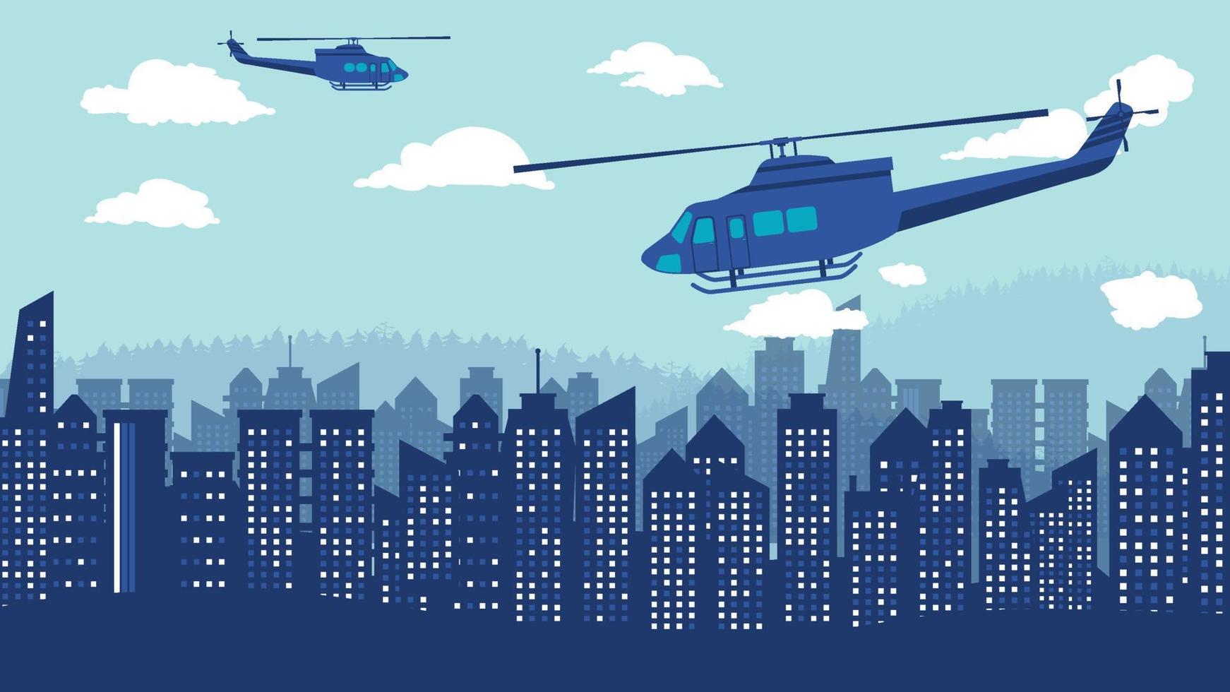 flat cartoon side view of utility helicopter in the sky and city tower vector