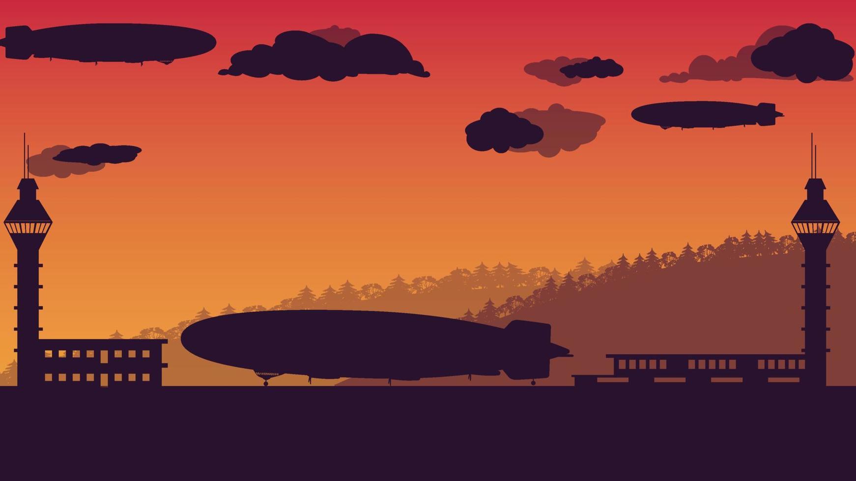 silhouette of balloon airship and air traffic control tower on orange gradient background vector