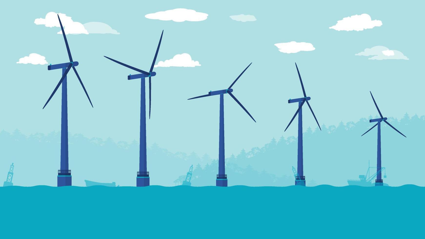 vista lateral plana de dibujos animados de la granja de turbinas eólicas en alta mar en el océano o el mar vector