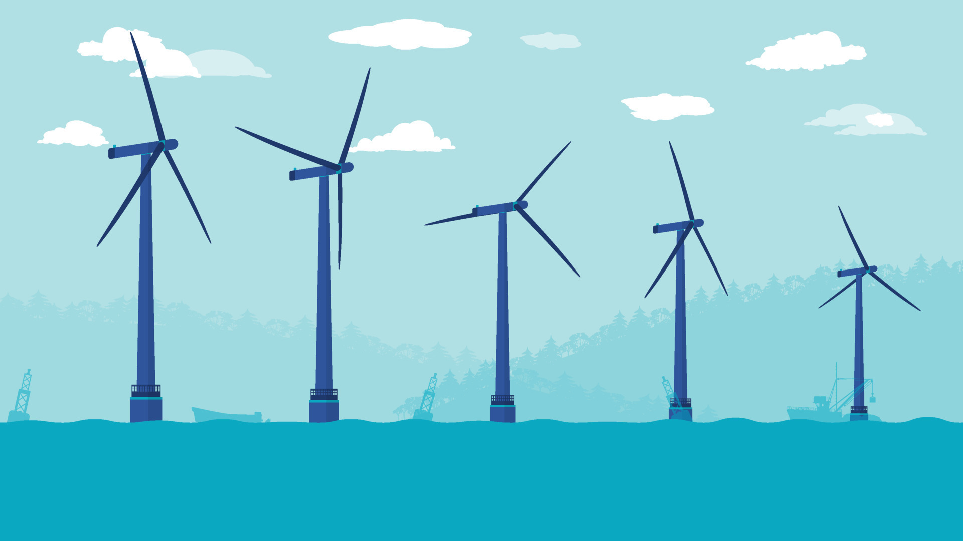 flat cartoon side view of Offshore wind turbine farm at Ocean or sea  8485187 Vector Art at Vecteezy