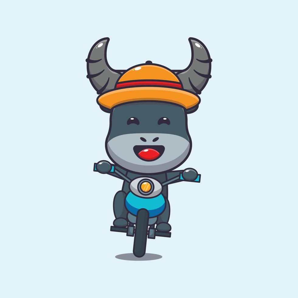 Cool buffalo cartoon mascot character ride motocycle in summer day vector