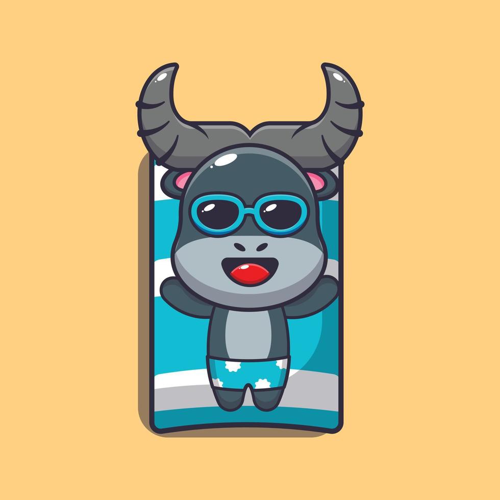 Cute buffalo cartoon mascot character sleep on beach vector