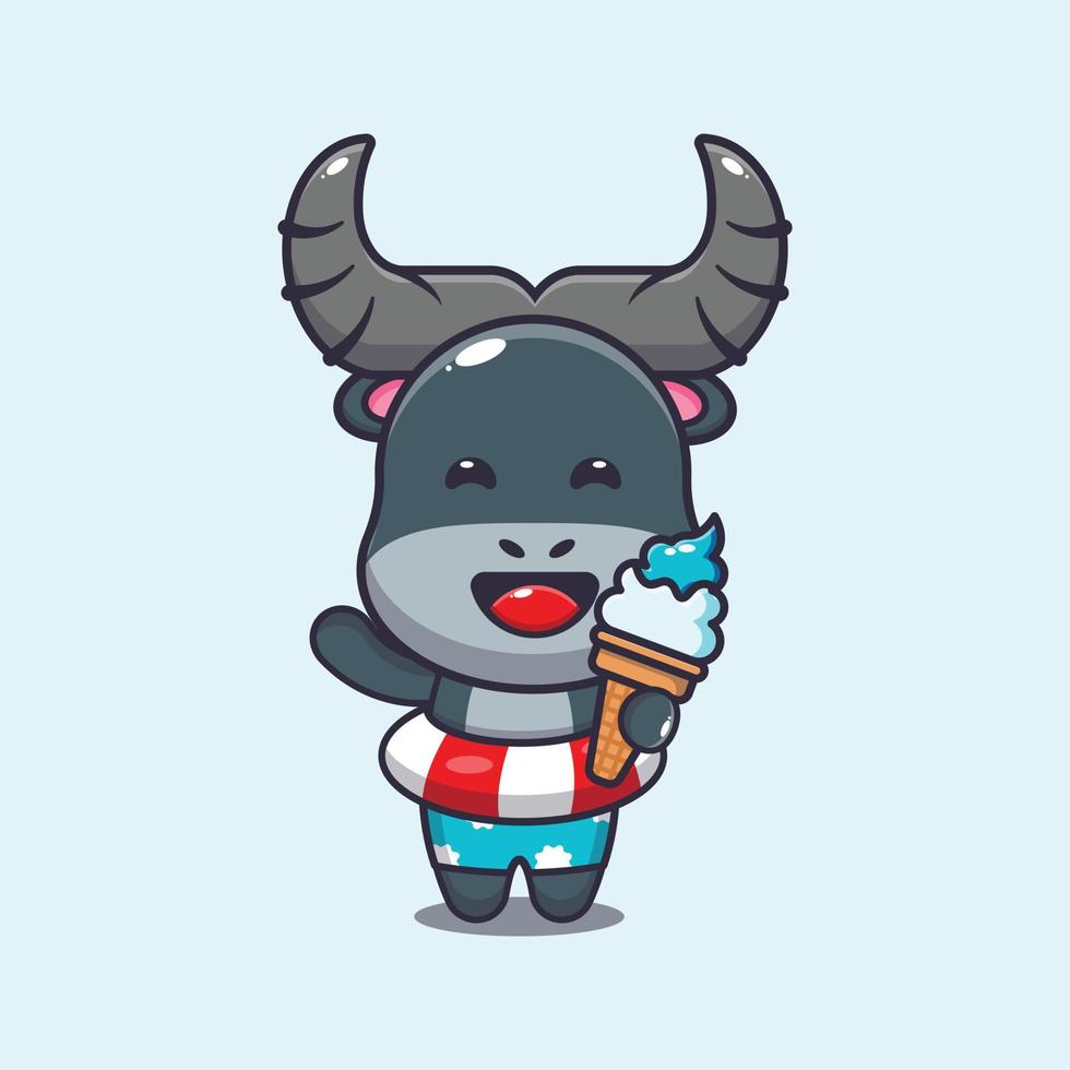 Cute buffalo cartoon mascot character with ice cream on beach vector