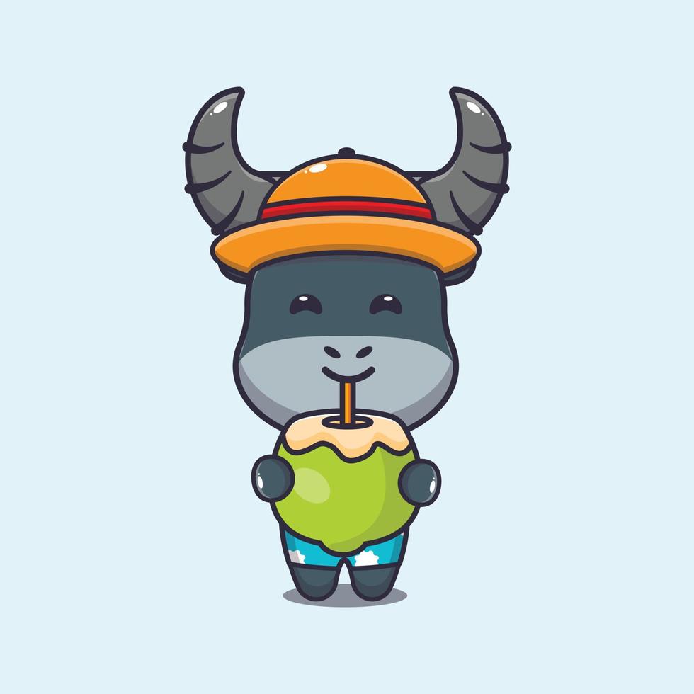 lindo personaje de mascota de dibujos animados de búfalo bebida de coco vector