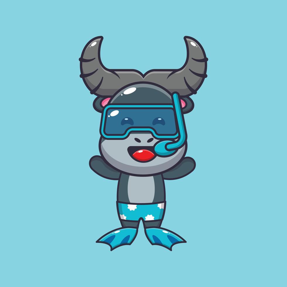 Cute diving buffalo cartoon mascot character illustration vector