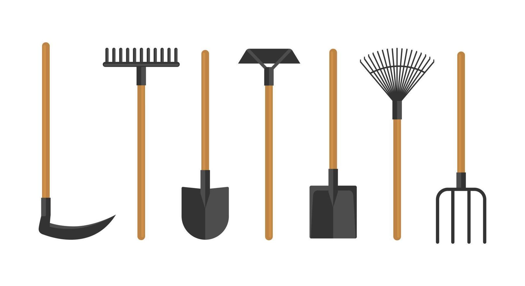 herramientas para cultivar el suelo y cosechar en el jardín. conjunto de iconos planos. vector