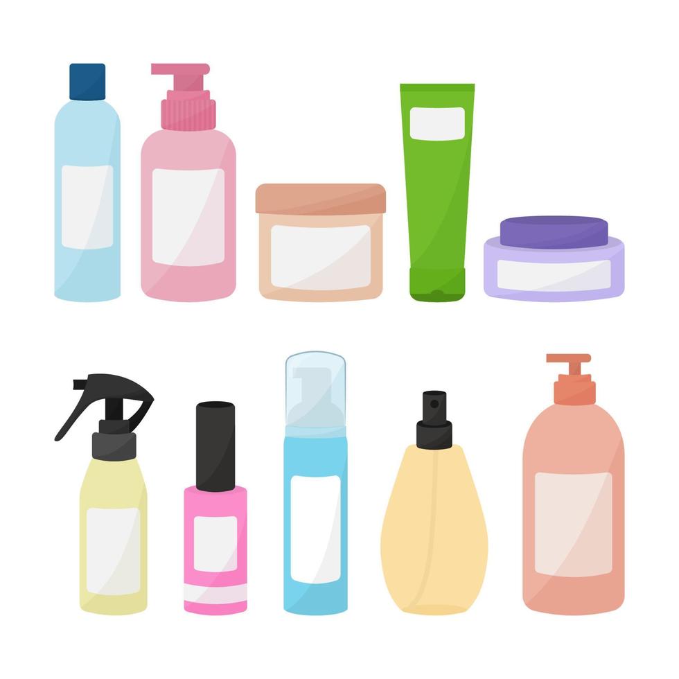 conjunto de cosméticos en botellas. champú, lavado facial, poco, crema, spray, bálsamo. vector