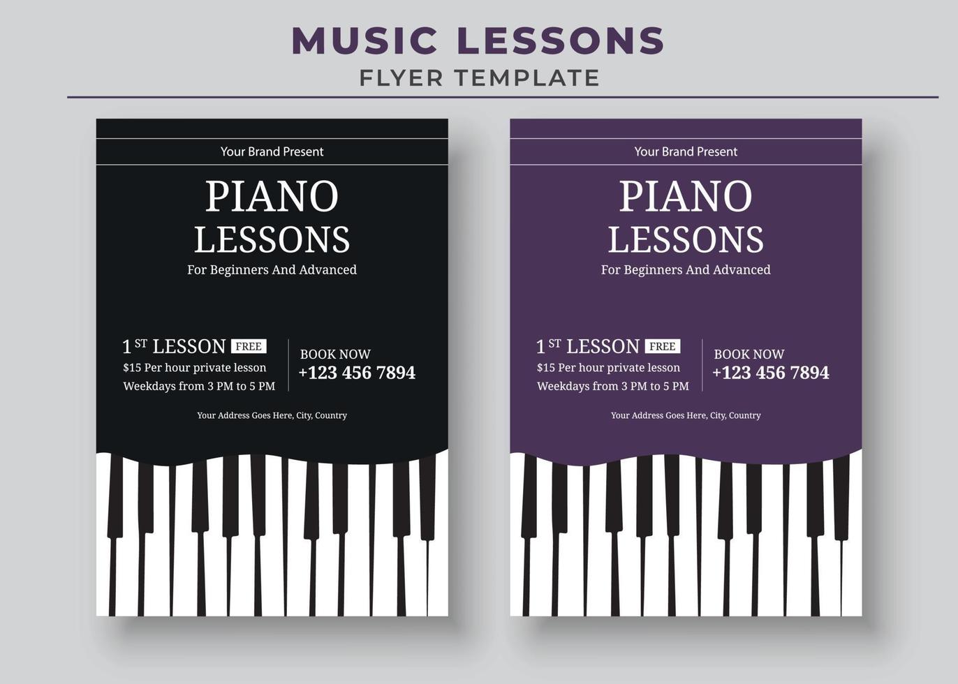 Music Lessons Flyer Template, Piano Lessons Poster, Music Class Poster, Guitar Lessons Poster vector