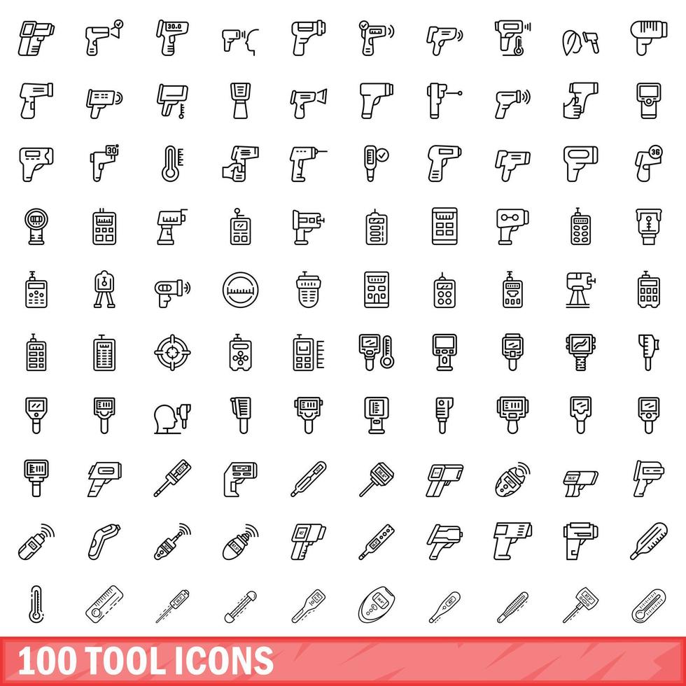 100 tool icons set, outline style vector