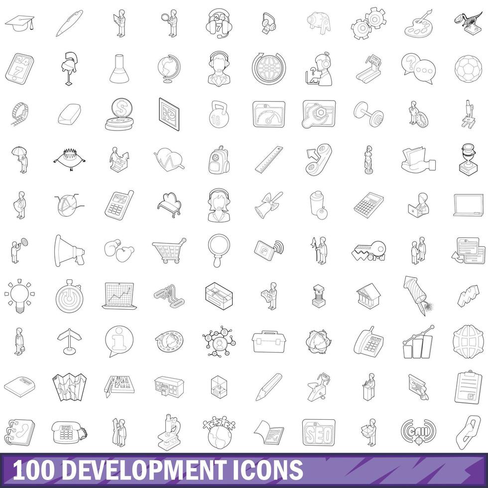 100 development icons set, outline style vector