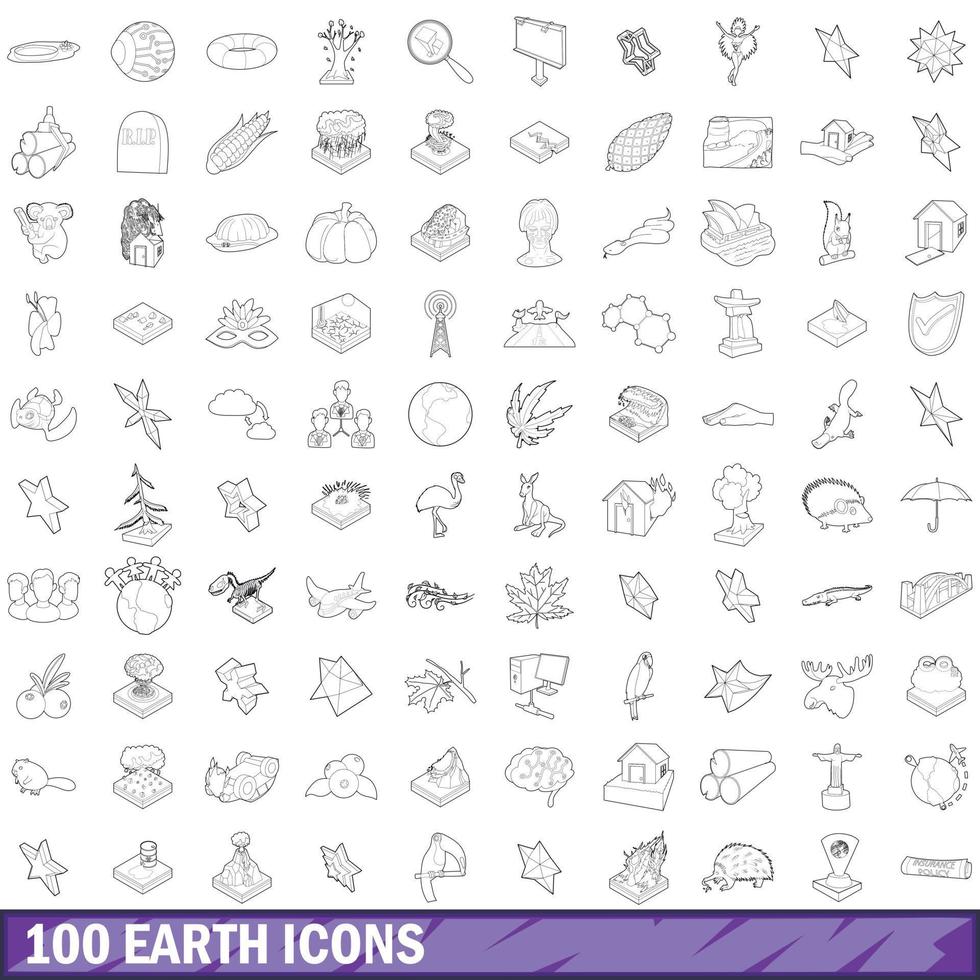 100 iconos de tierra, estilo de esquema vector