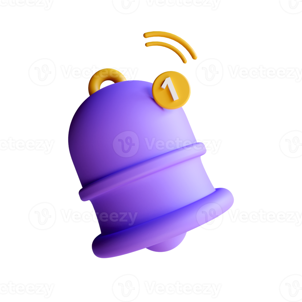 3d rendering Yellow ringing bell icon, notification bell with one new message, social media reminder png