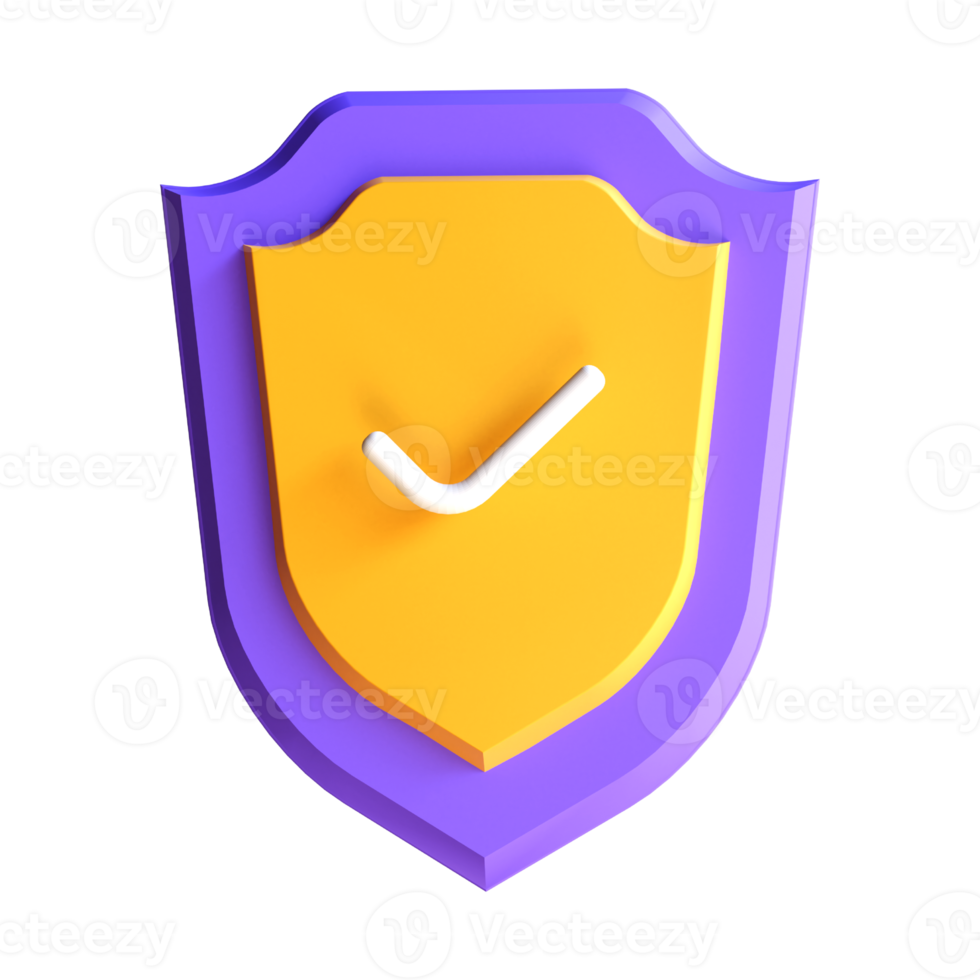 3d rendering Shield protection icon, checkmark on security shield symbol, guaranteed icon. Security concept, online safety png