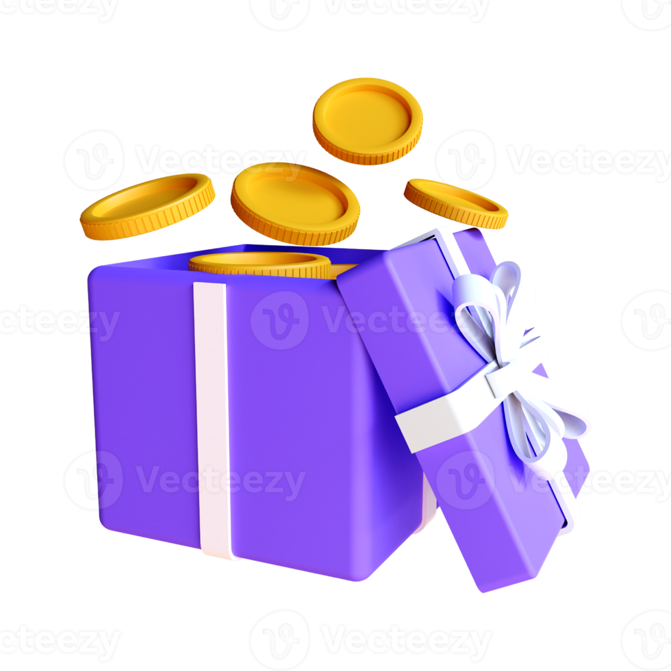 caja de regalo abierta sorpresa. ganar puntos y obtener recompensas. concepto de oferta especial. ilustración de renderizado 3d png