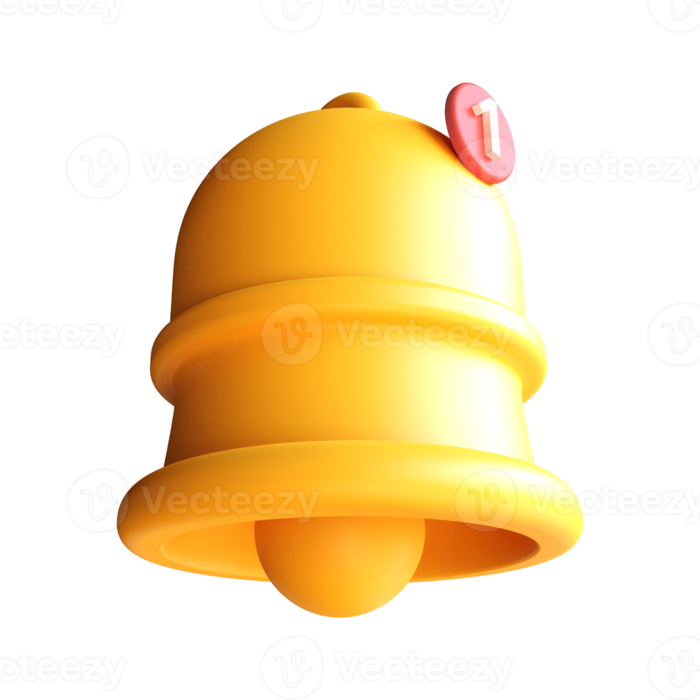 3d rendering Yellow ringing bell icon, notification bell with one new message, social media reminder png