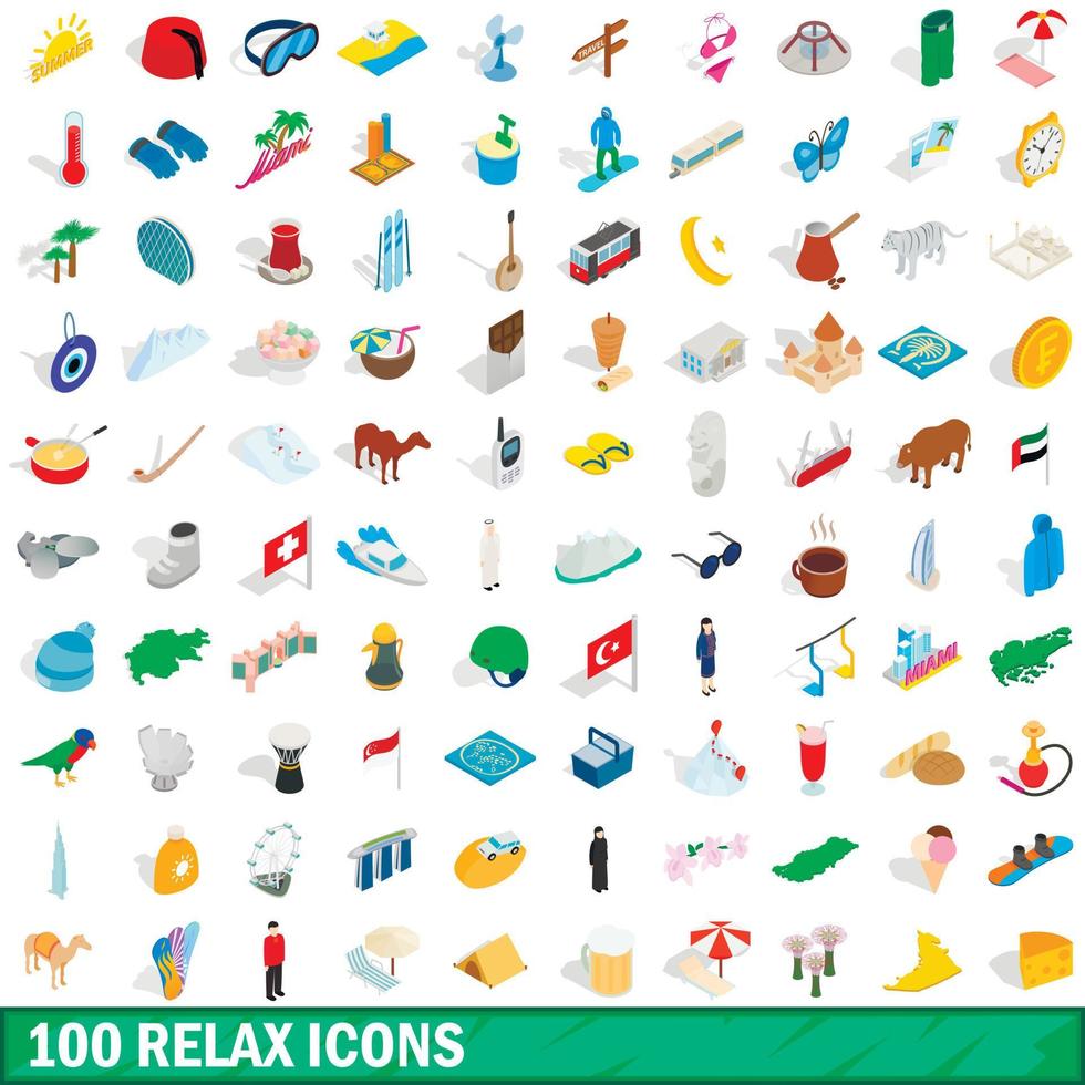 100 relax icons set, isometric 3d style vector