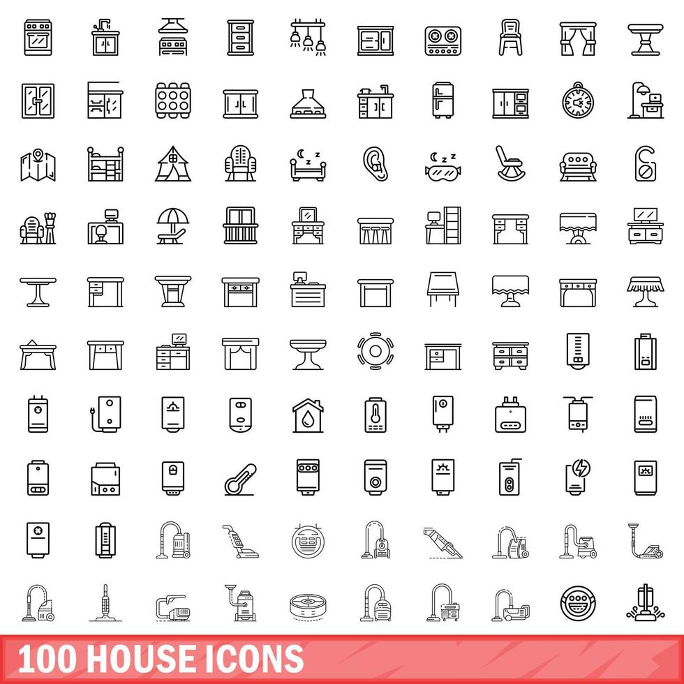 100 house icons set, outline style vector