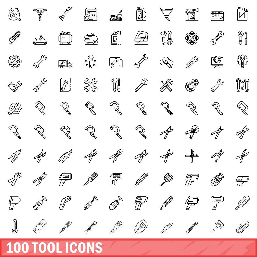 100 tool icons set, outline style vector