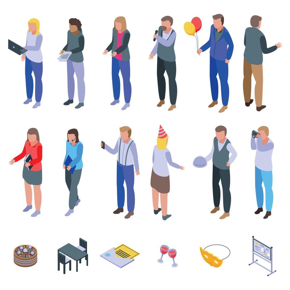 Event management icons set, isometric style vector