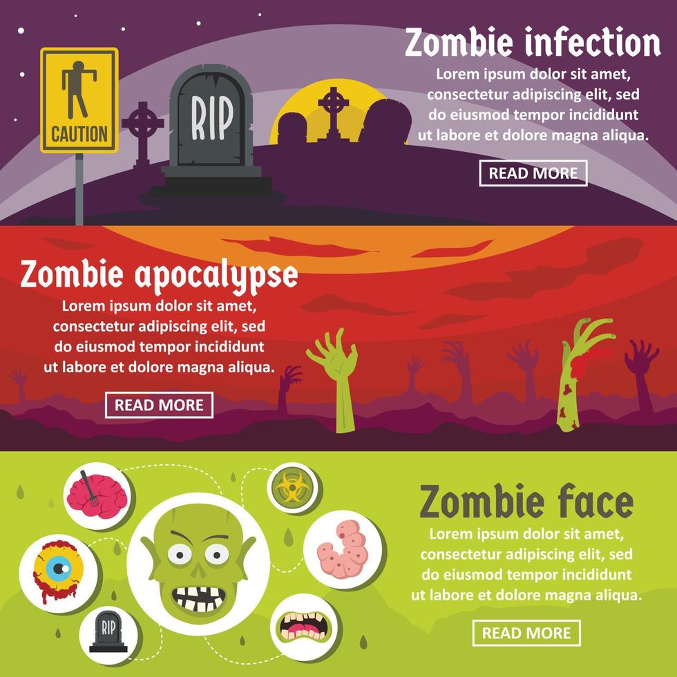 zombie viene banner conjunto horizontal, estilo plano vector