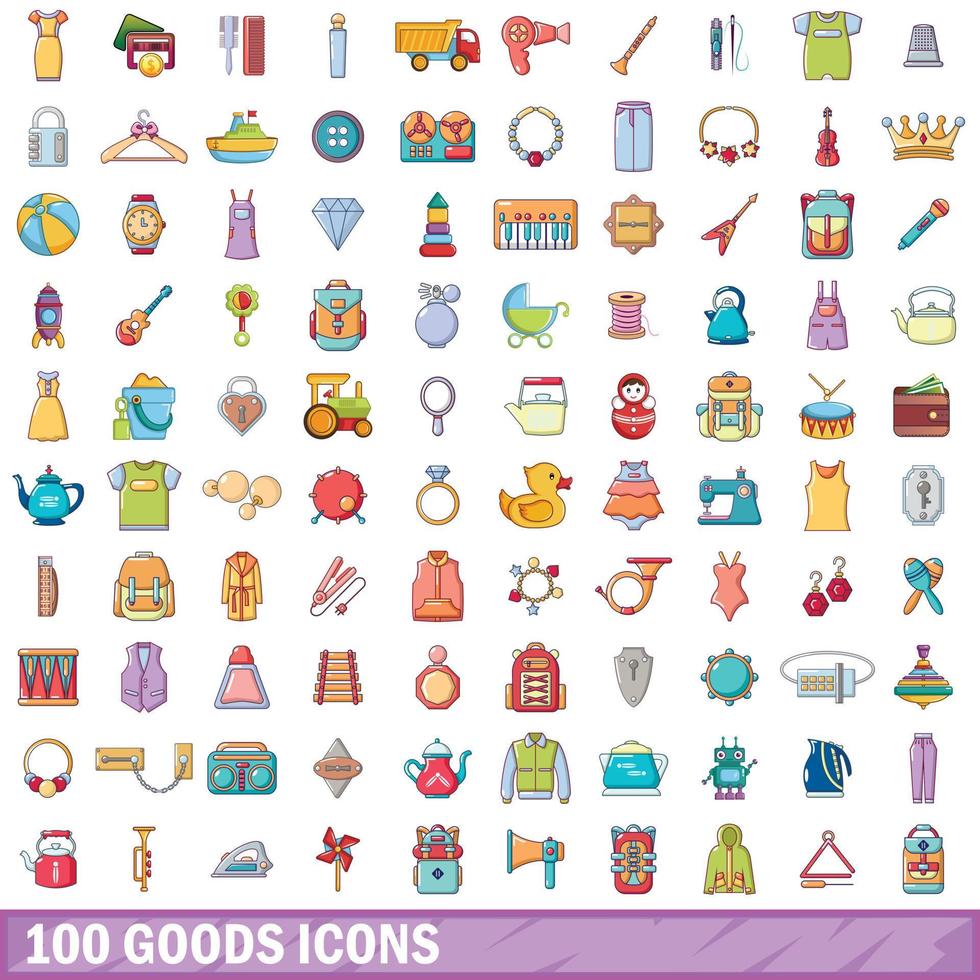 100 bienes, conjunto de iconos de estilo de dibujos animados vector