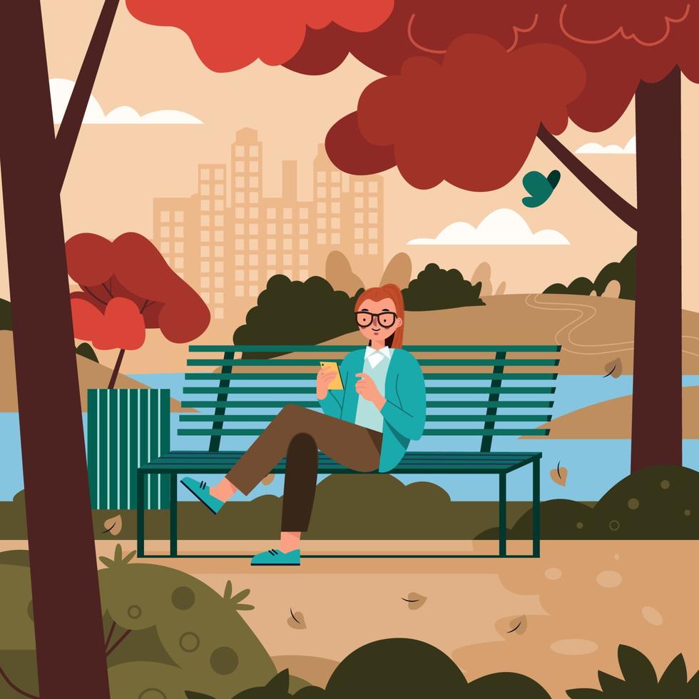 Woman Play Smartphone Sit On A Bench Park vector