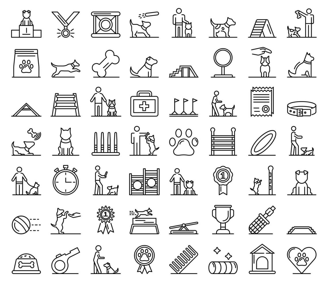 Dog training icons set, outline style vector