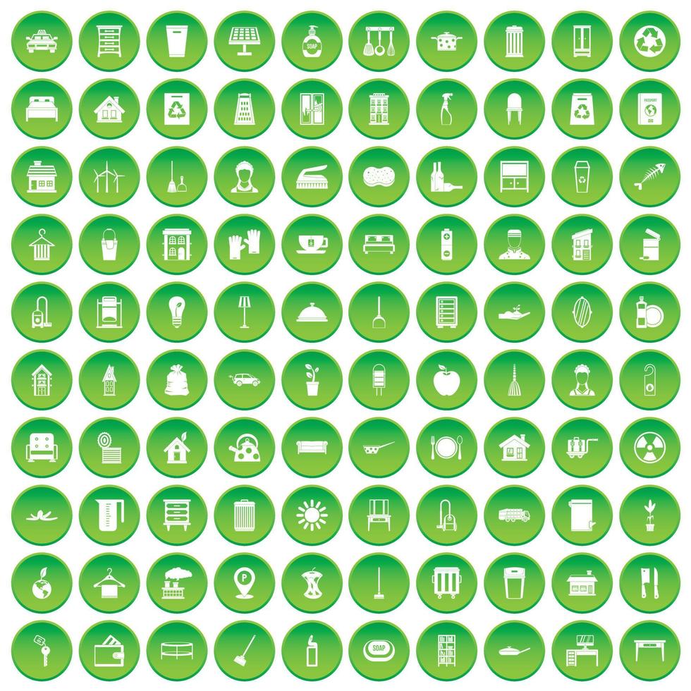 100 iconos de limpieza establecer círculo verde vector