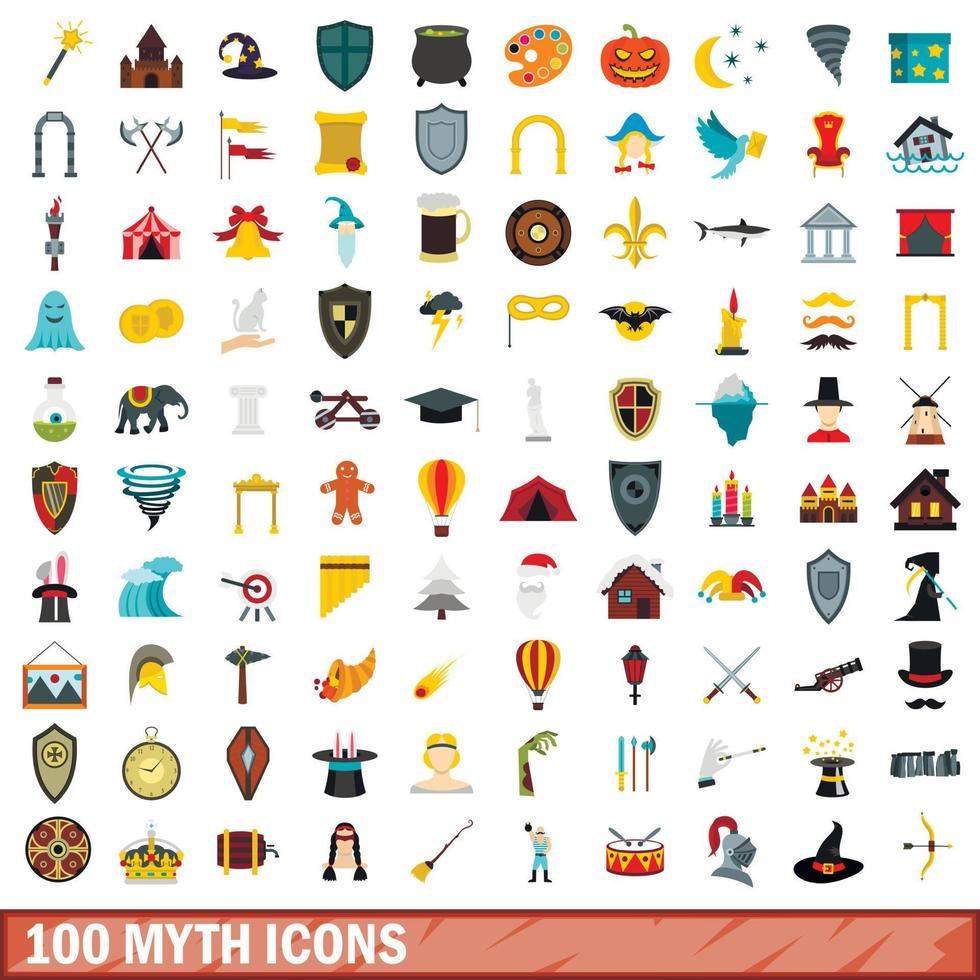 100 myth icons set, flat style vector