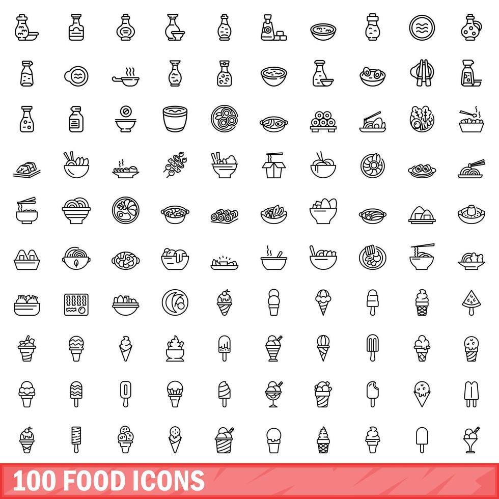 100 iconos de alimentos, estilo de esquema vector