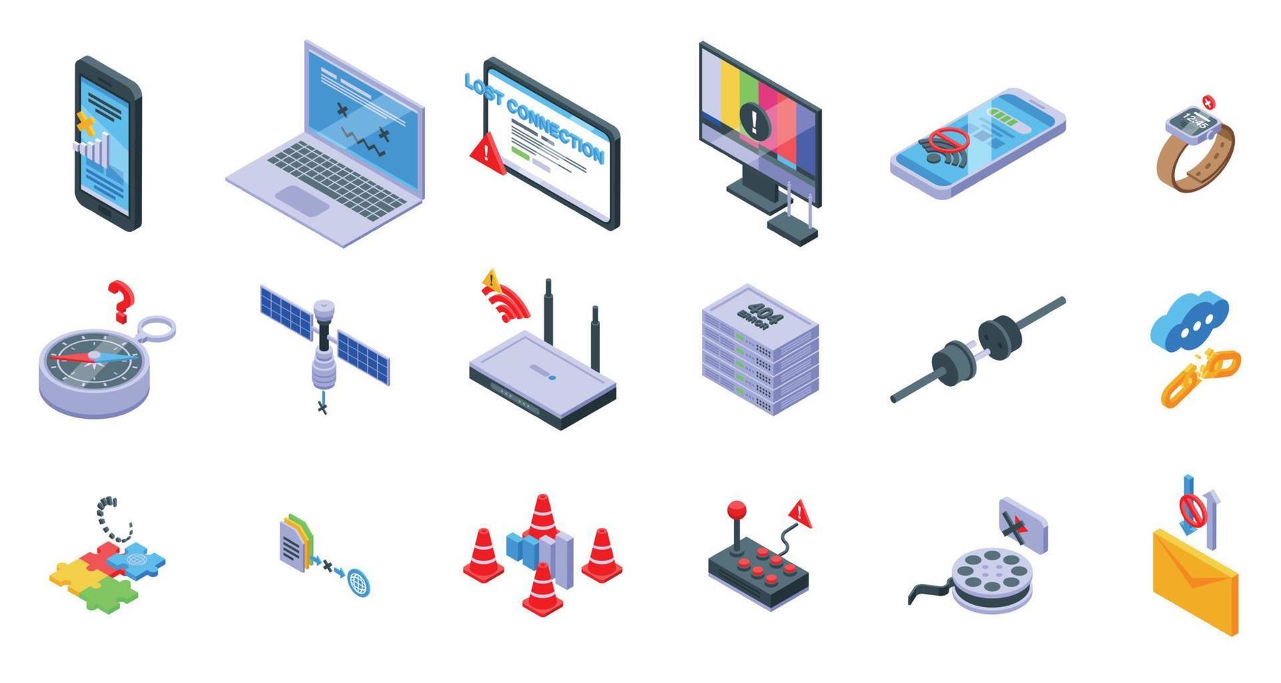 los iconos de conexión perdidos establecen un vector isométrico. antena disponible