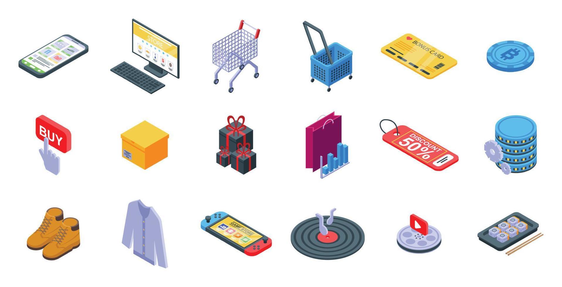 Online shopping icons set, isometric style vector