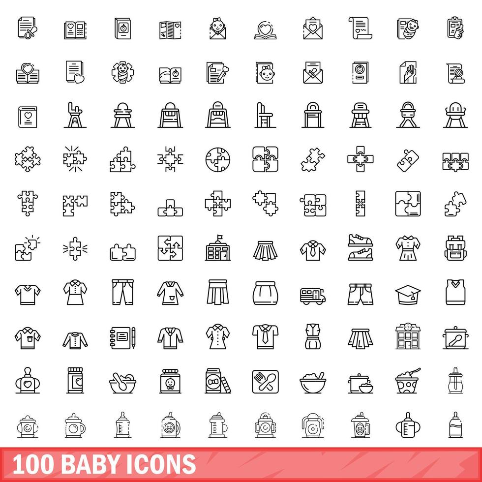 100 baby icons set, outline style vector