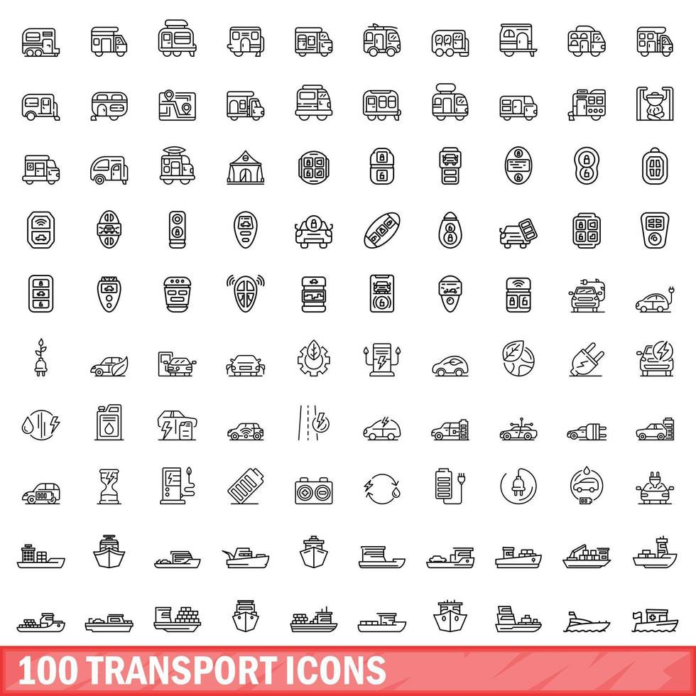 100 transport icons set, outline style vector