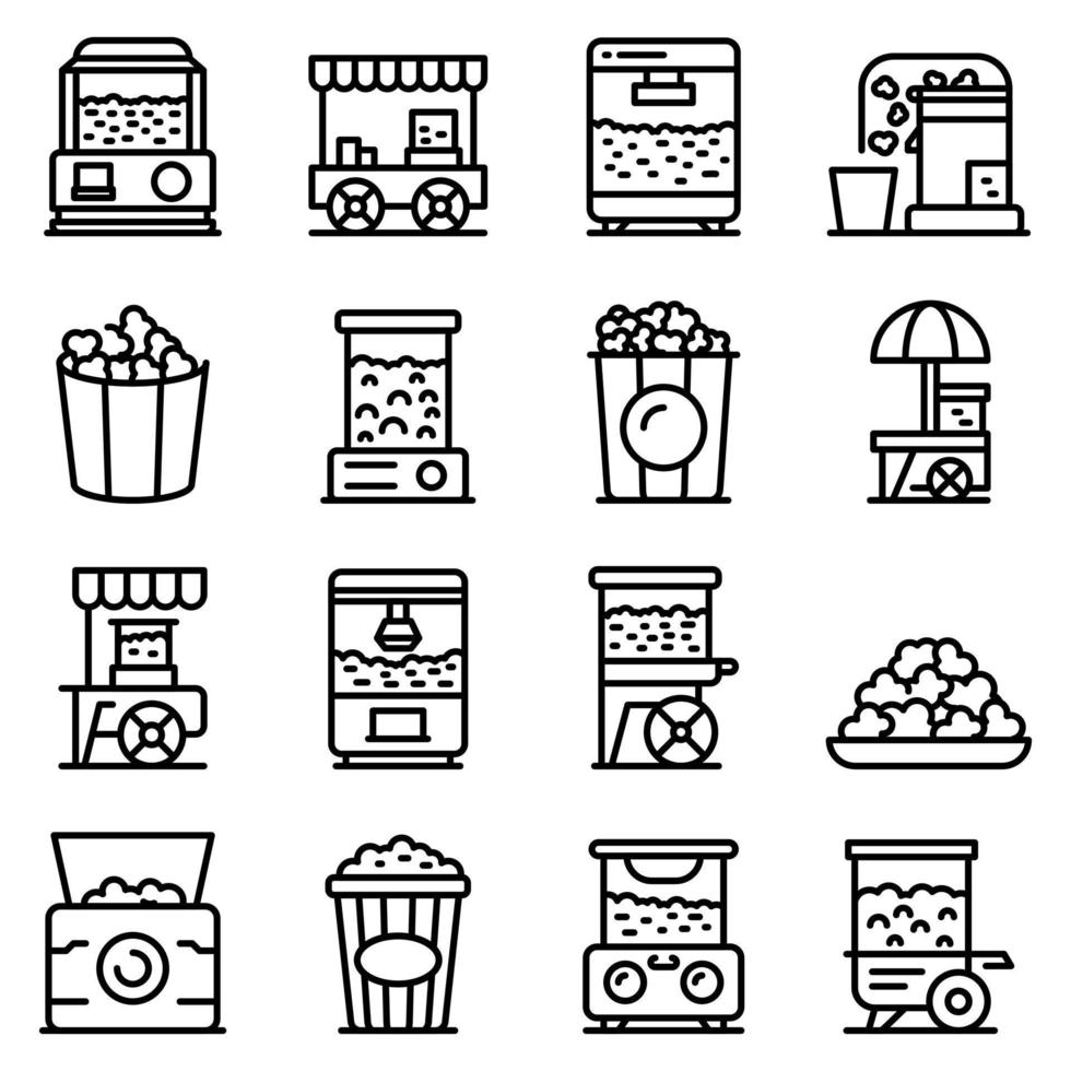 Popcorn maker machine icons set, outline style vector