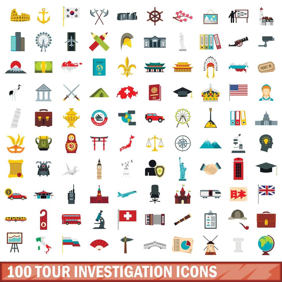 100 tour investigation icons set, flat style vector