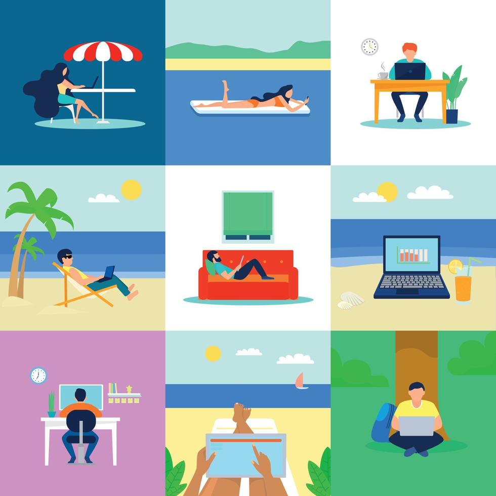 Distant work banner set, flat style vector