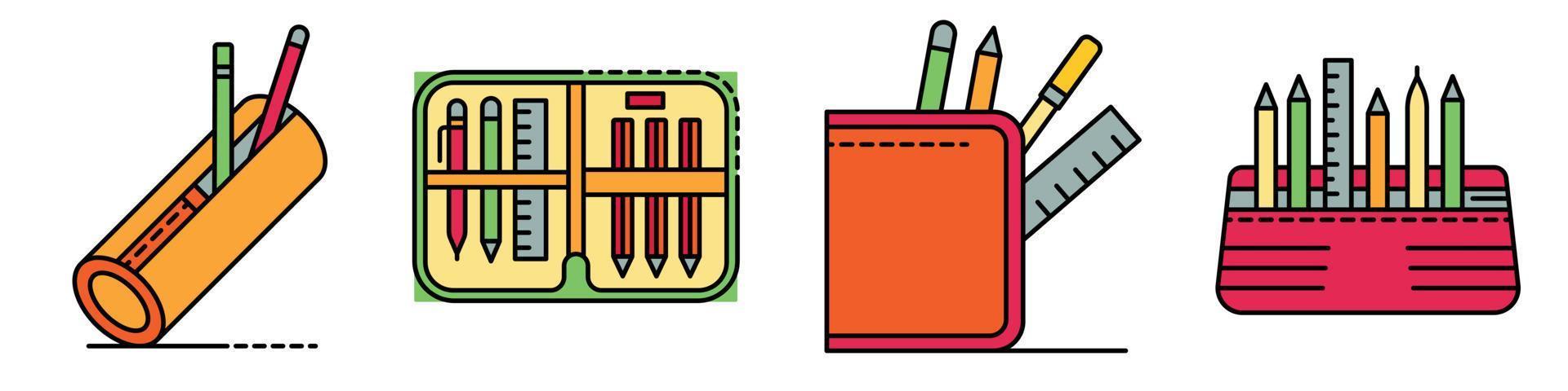 Pencil case icons set line color vector