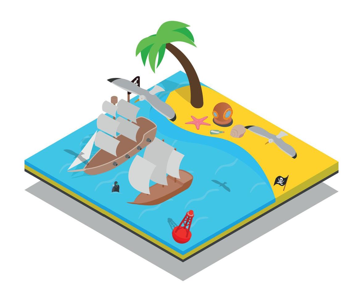 banner de concepto de playa pirata, estilo isométrico vector