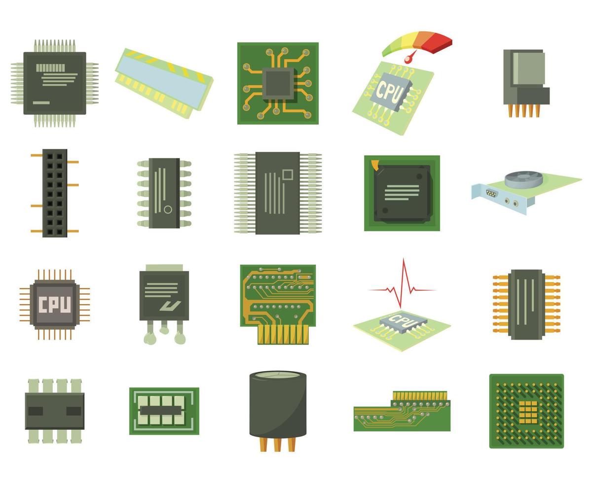 conjunto de iconos de microchip, estilo de dibujos animados vector