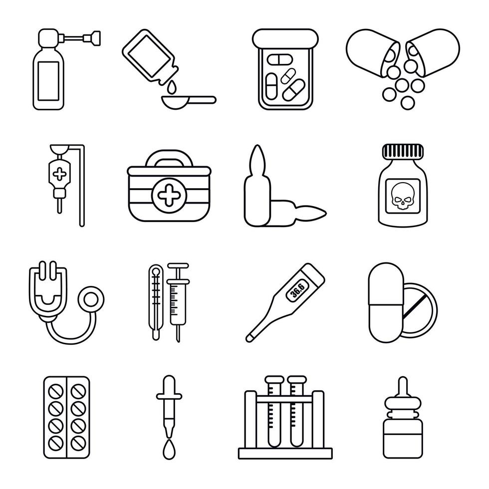 Drug medicine icons set, outline style vector