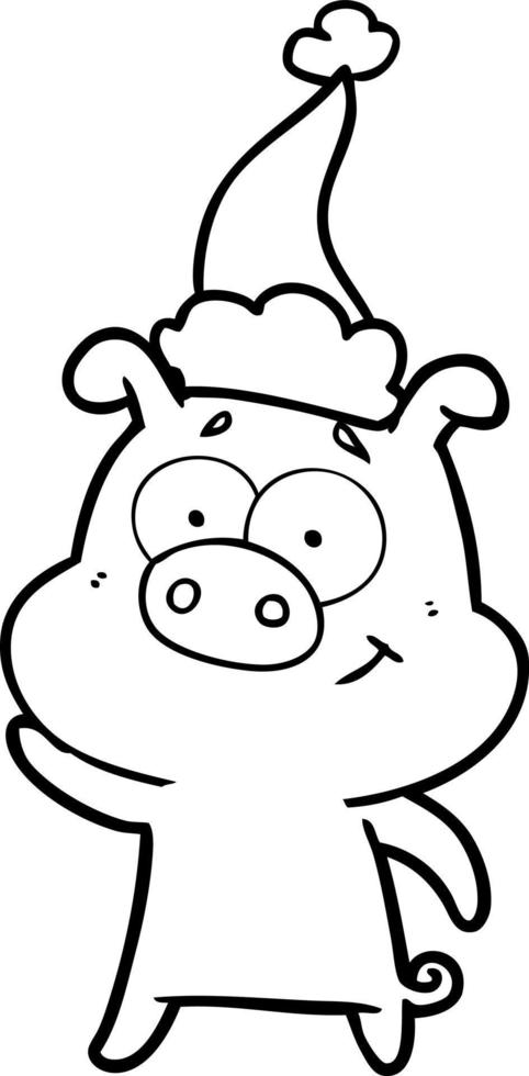 happy line drawing of a pig wearing santa hat vector