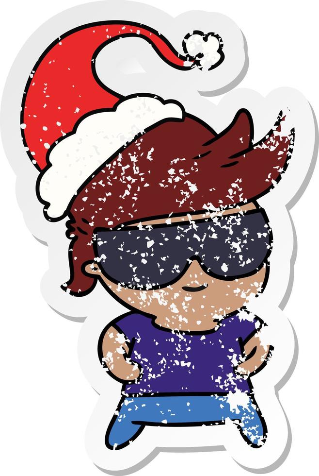 christmas distressed sticker cartoon of kawaii boy vector