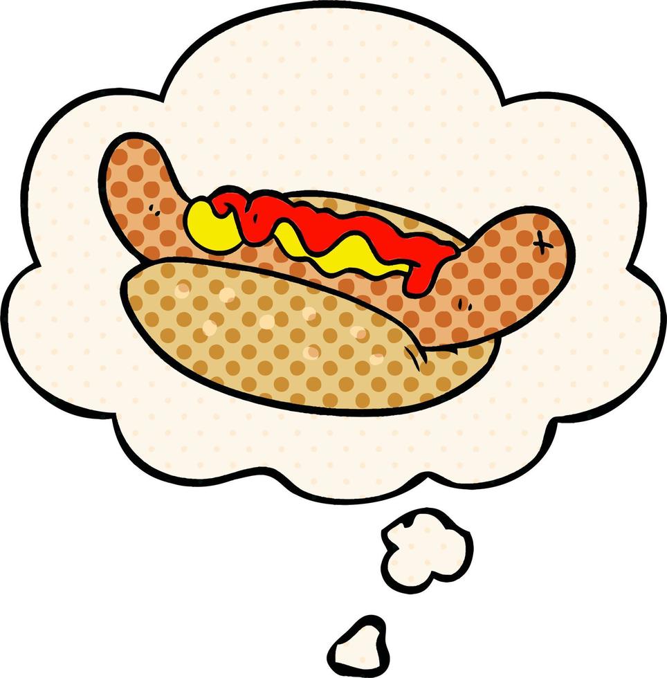 cartoon hot dog and thought bubble in comic book style vector