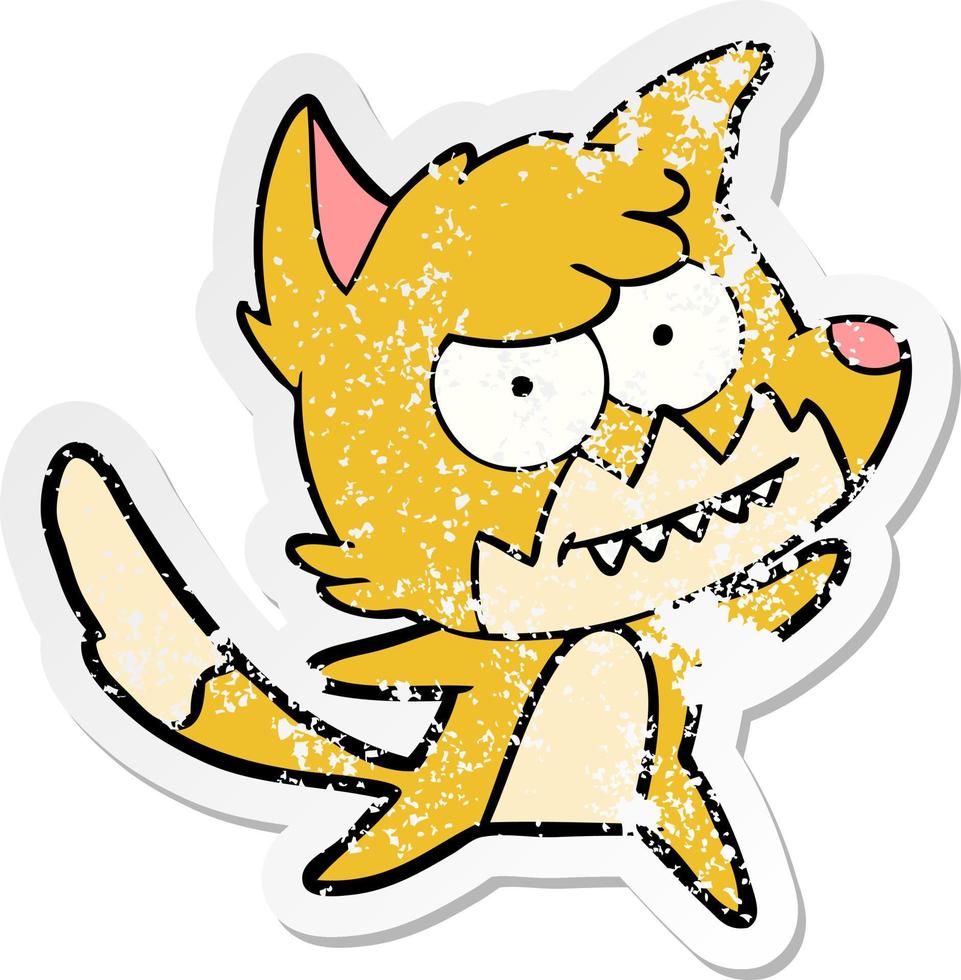 distressed sticker of a cartoon grinning fox vector