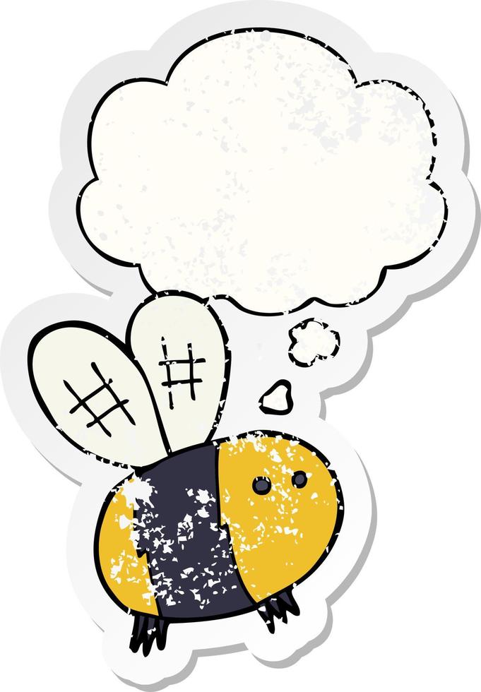 cartoon bee and thought bubble as a distressed worn sticker vector
