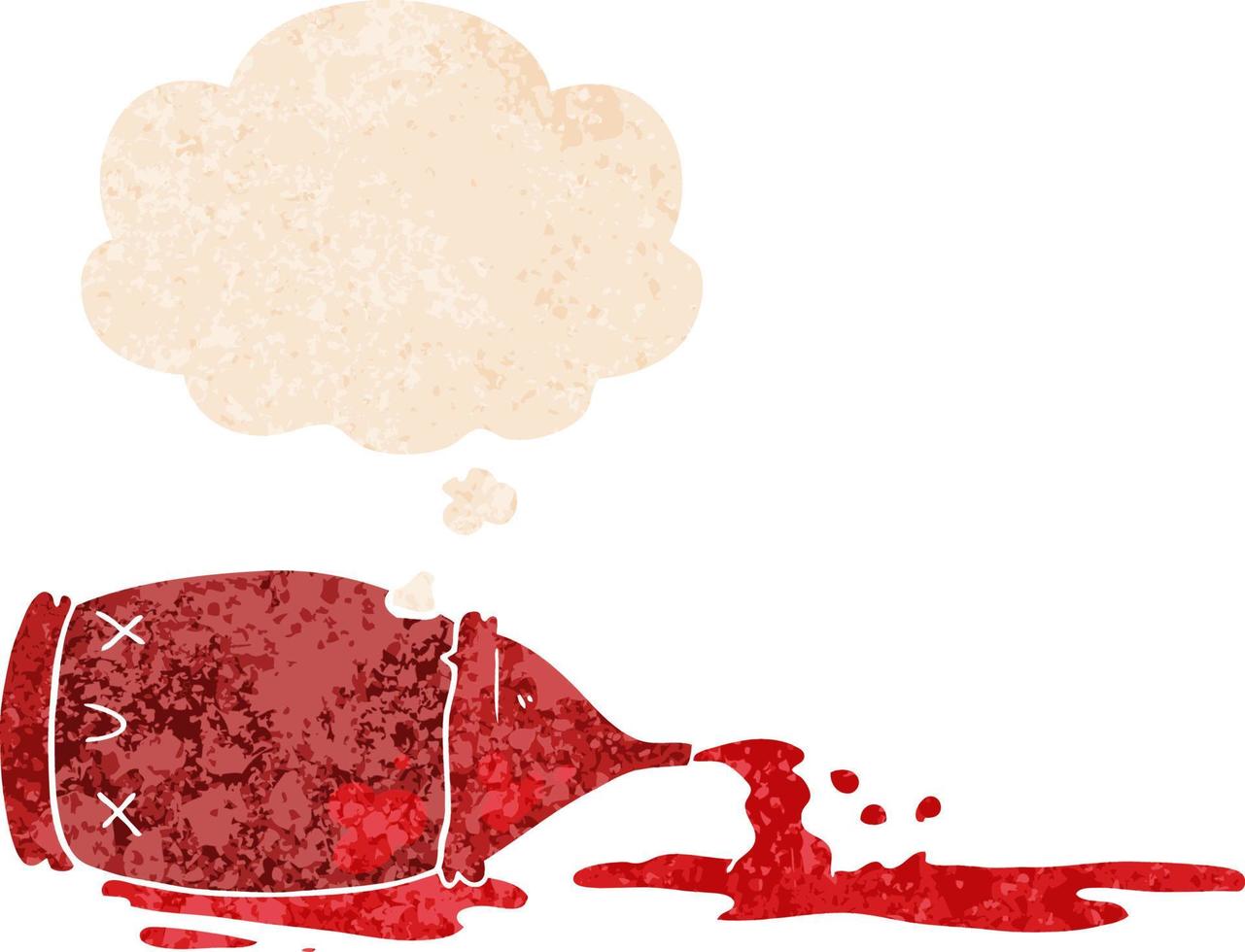 cartoon spilled bottle and thought bubble in retro textured style vector