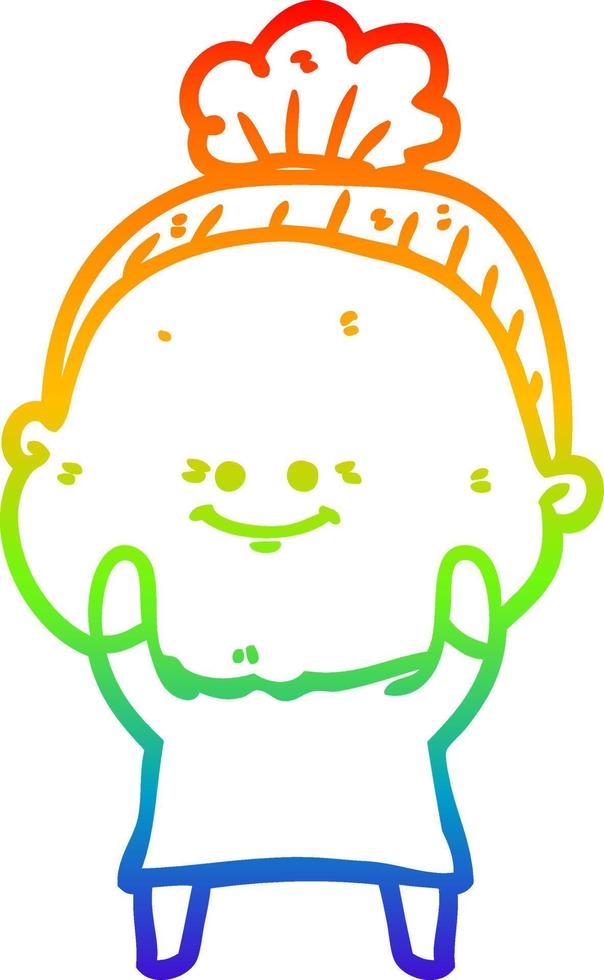 rainbow gradient line drawing cartoon happy old woman vector